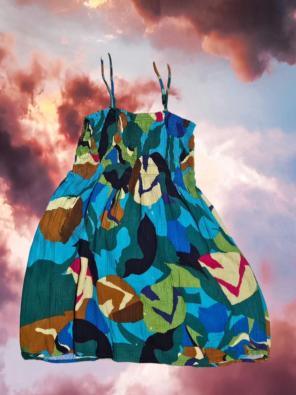 Time and Tru Multicolor Blue & Green Smocked Swim Coverup